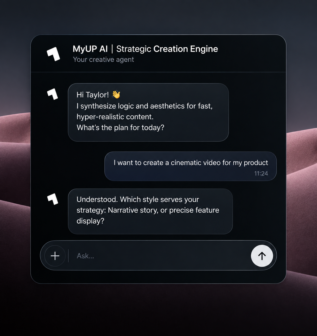 MyUP agent chat turning one request into a finished video workflow