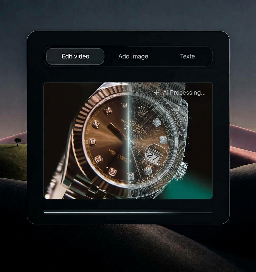 MyUP editor: one product photo turned into a 3D video, recolored, branded, and exported for every format